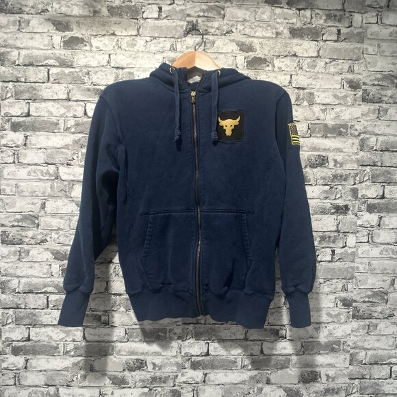 EUC Under Armour Navy Blue Hoodie w/Gold Brahma Bull Logo Size S - Picture 1 of 15